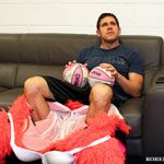 Jon Finkel resting after performing as Miami Heat mascot Burnice
